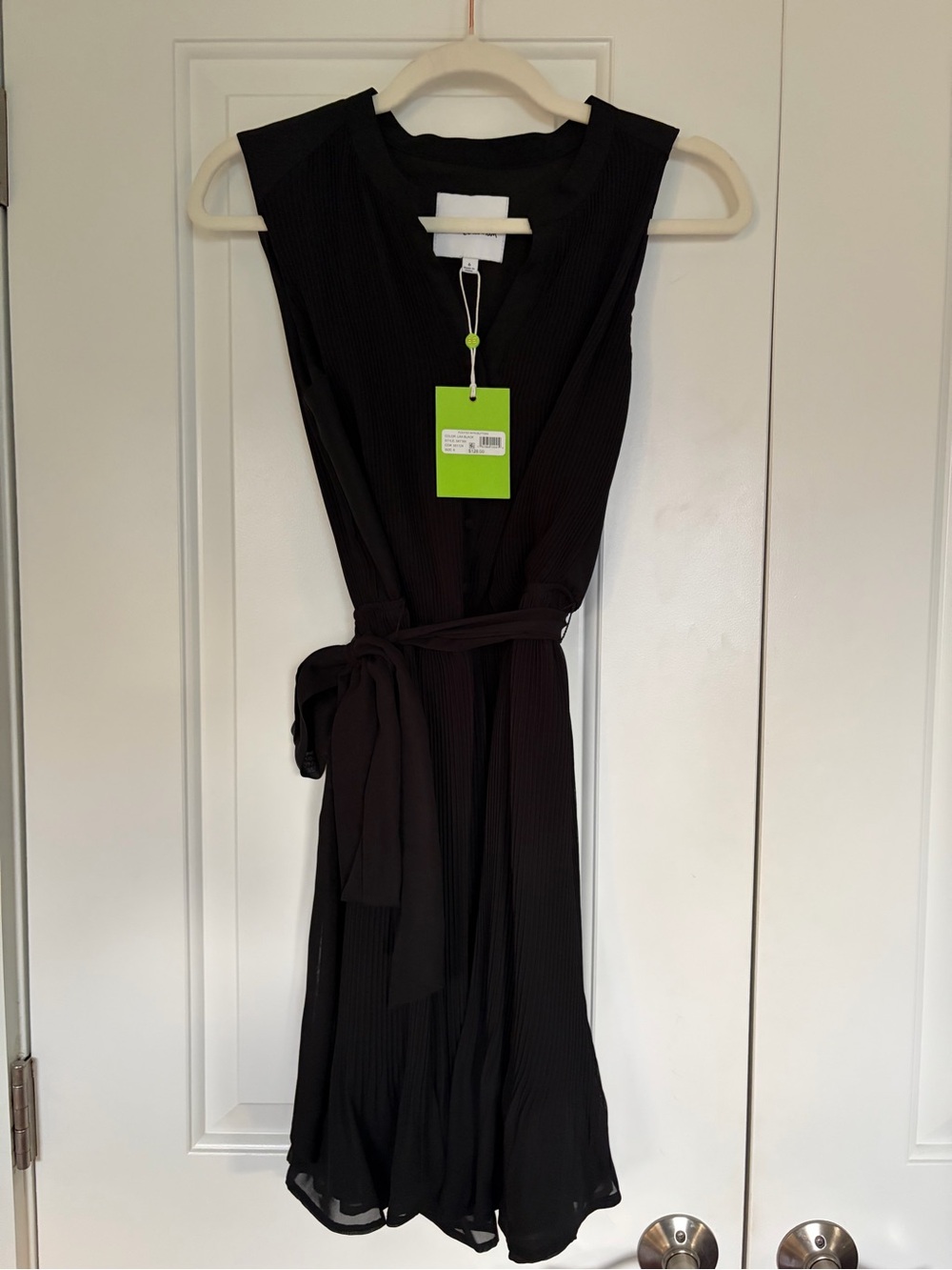 Sam Edelman Black Sleeveless V-Neck Belted Mini Dress with Pleats
